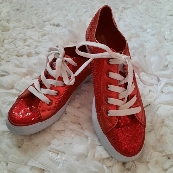 red sequin sneakers